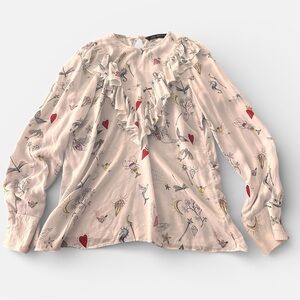 Zara Woman Ruffled Viscose Blouse Heart Mermaid Print Top Small